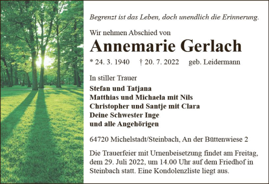 Traueranzeige von Annemarie Gerlach von vrm-trauer Odenwälder Echo