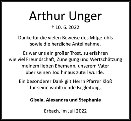 Traueranzeige von Arthur Unger von vrm-trauer Odenwälder Echo