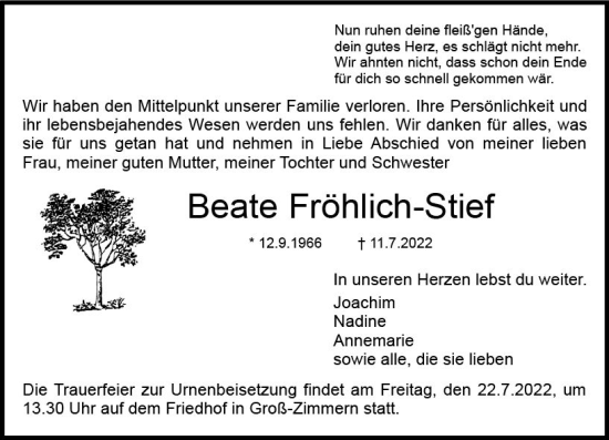 Traueranzeige von Beate Fröhlich-Stief von vrm-trauer DieburgerAnzeiger/Groß-Zimmerner Lokala
