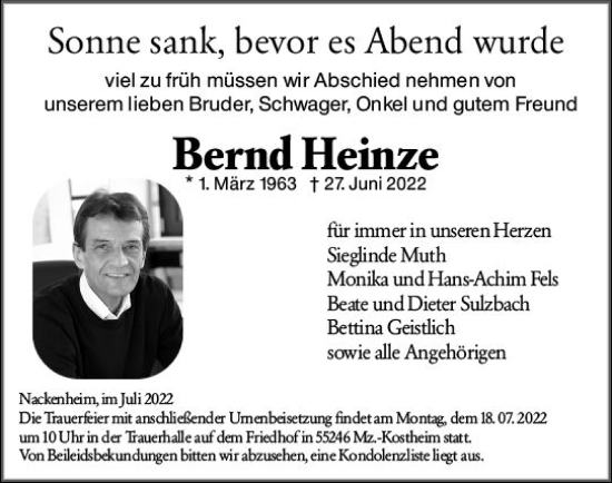 Traueranzeige von Bernd Heinze von vrm-trauer AZ Mainz