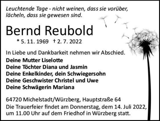 Traueranzeige von Bernd Reubold von vrm-trauer Odenwälder Echo