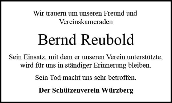 Traueranzeige von Bernd Reubold von vrm-trauer Odenwälder Echo