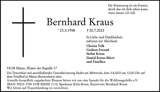 Traueranzeige von Bernhard Kraus von vrm-trauer AZ Mainz