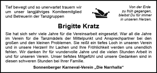 Traueranzeige von Brigitte Kratz von vrm-trauer Wiesbadener Kurier