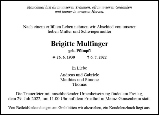 Traueranzeige von Brigitte Mulfinger von vrm-trauer Allgemeine  Zeitung Ingelheim-Bingen