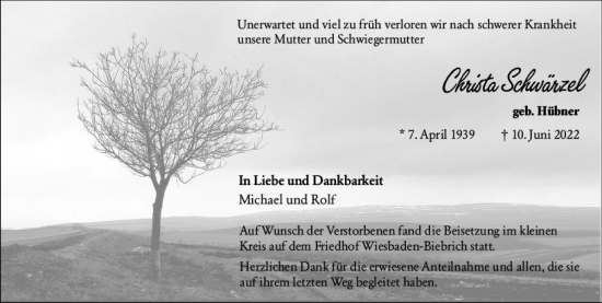 Traueranzeige von Christa Schwärzel von vrm-trauer Wiesbadener Kurier