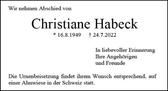 Traueranzeige von Christiane Habeck von vrm-trauer Darmstädter Echo