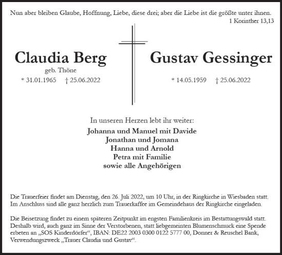 Traueranzeige von Claudia Berg von vrm-trauer Wiesbadener Kurier