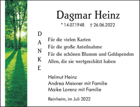 Traueranzeige von Dagmar Heinz von vrm-trauer Darmstädter Echo