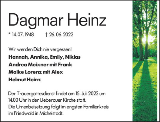Traueranzeige von Dagmar Heinz von vrm-trauer Darmstädter Echo