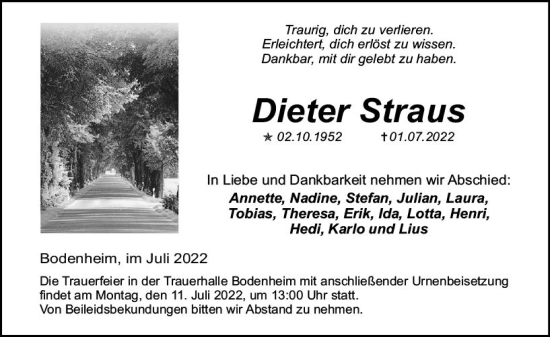 Traueranzeige von Dieter Straus von vrm-trauer AZ Mainz