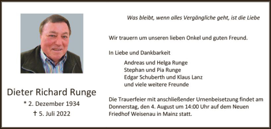 Traueranzeige von Dieter Richard Runge von vrm-trauer AZ Mainz