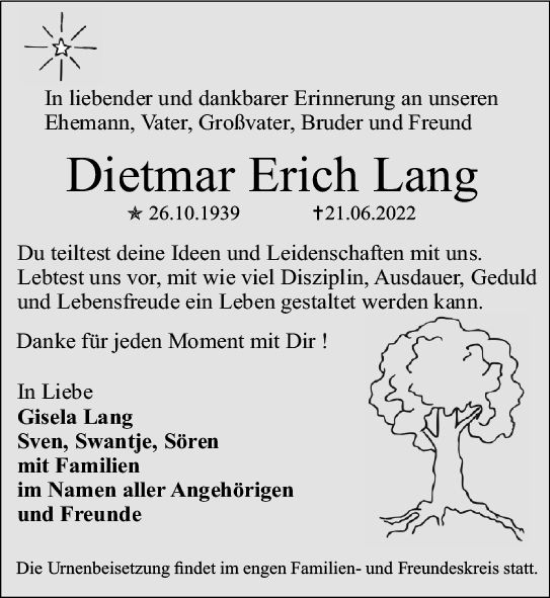 Traueranzeige von Dietmar Erich Lang von vrm-trauer AZ Mainz