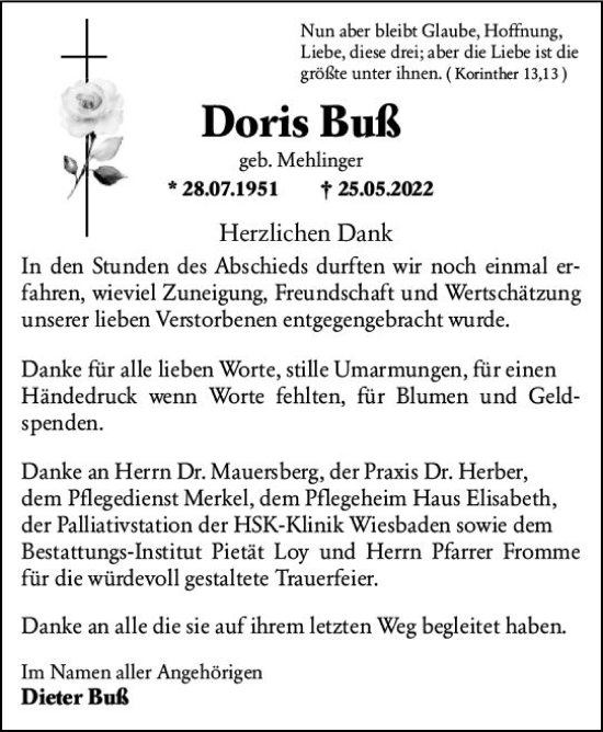 Traueranzeige von Doris Buß von vrm-trauer Wiesbadener Kurier