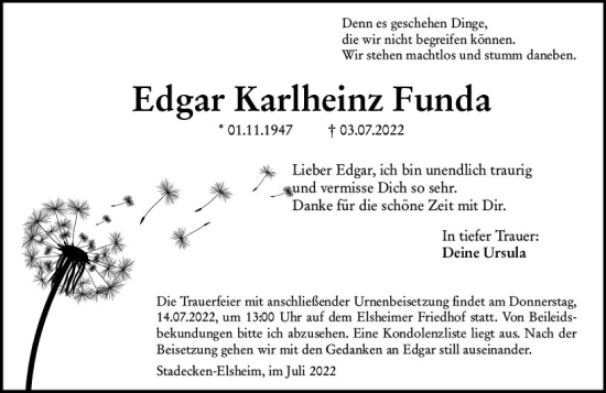 Traueranzeige von Edgar Karlheinz Funda von vrm-trauer AZ Mainz