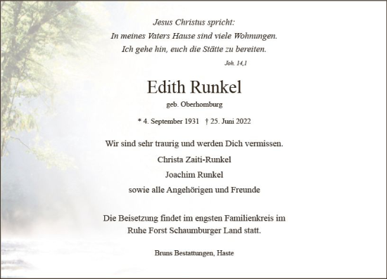 Traueranzeige von Edith Runkel von vrm-trauer Allg. Zeitung Bad Kreuznach