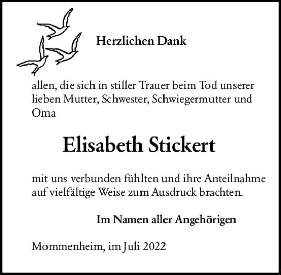 Traueranzeige von Elisabeth Stickert von vrm-trauer AZ Mainz
