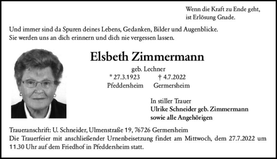 Traueranzeige von Elsbeth Zimmermann von vrm-trauer Wormser Zeitung