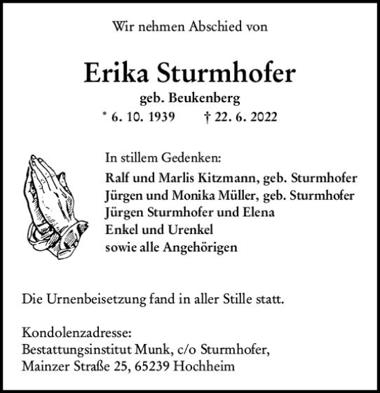 Traueranzeige von Erika Sturmhofer von vrm-trauer Rüsselsheimer Echo / MainSpitze