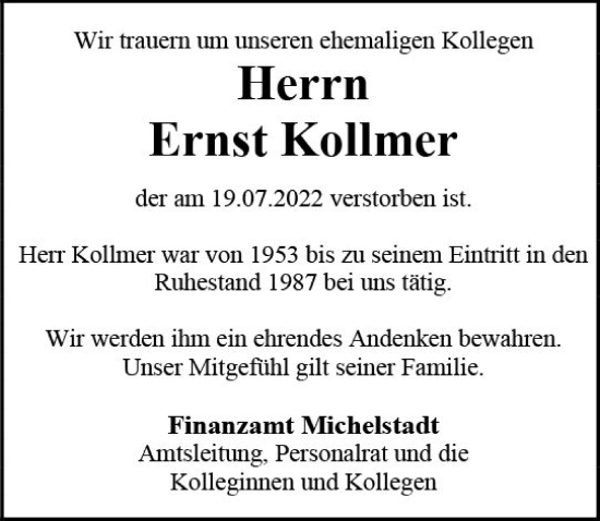 Traueranzeige von Ernst Kollmer von vrm-trauer Odenwälder Echo