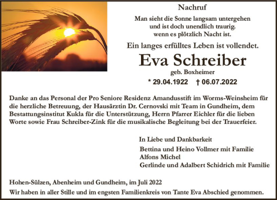 Traueranzeige von Eva Schreiber von vrm-trauer Wormser Zeitung