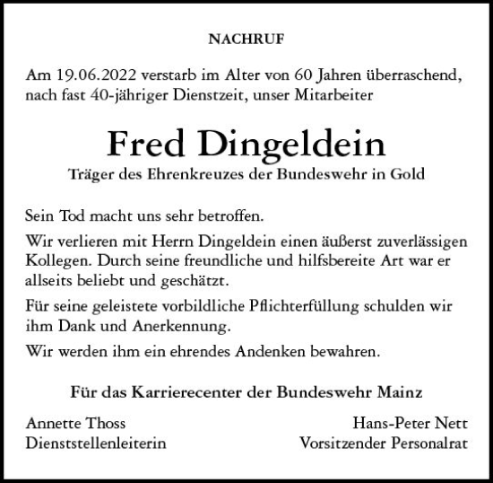 Traueranzeige von Fred Dingeldein von vrm-trauer AZ Mainz