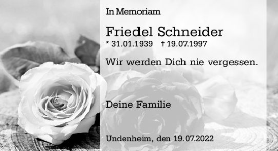 Traueranzeige von Friedel Schneider von vrm-trauer AZ Mainz