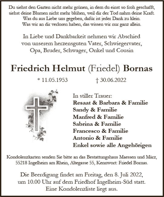 Traueranzeige von Friedrich Helmut Friedel Bornas von vrm-trauer Allgemeine  Zeitung Ingelheim-Bingen