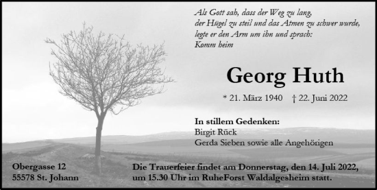 Traueranzeige von Georg Huth von vrm-trauer Allgemeine  Zeitung Ingelheim-Bingen