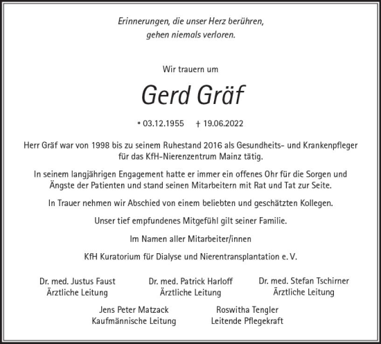 Traueranzeige von Gerd Gräf von vrm-trauer Allgemeine Zeitung Alzey