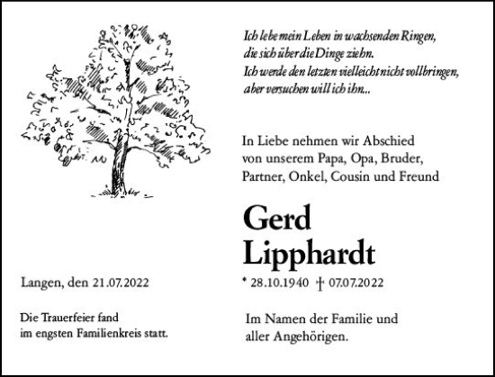 Traueranzeige von Gerd Lipphardt von vrm-trauer Darmstädter Echo