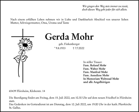 Traueranzeige von Gerda Mohr von vrm-trauer Rüsselsheimer Echo / MainSpitze