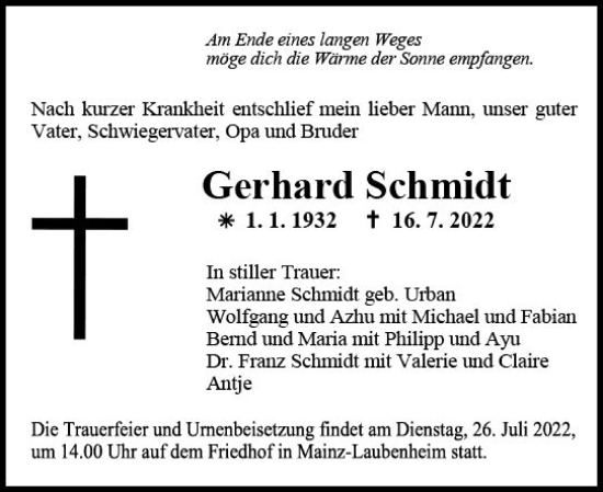 Traueranzeige von Gerhard Schmidt von vrm-trauer AZ Mainz