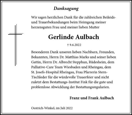 Traueranzeige von Gerlinde Aulbach von vrm-trauer Wiesbadener Kurier