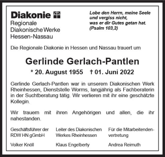 Traueranzeige von Gerlinde Gerlach-Pantlen von vrm-trauer Wormser Zeitung