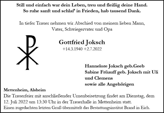 Traueranzeige von Gottfried Joksch von vrm-trauer Wormser Zeitung