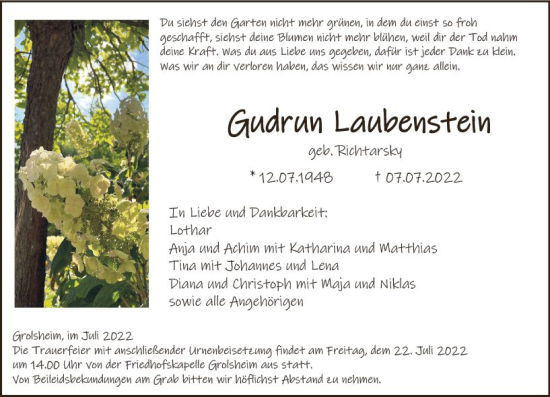 Traueranzeige von Gudrun Laubenstein von vrm-trauer Allgemeine  Zeitung Ingelheim-Bingen