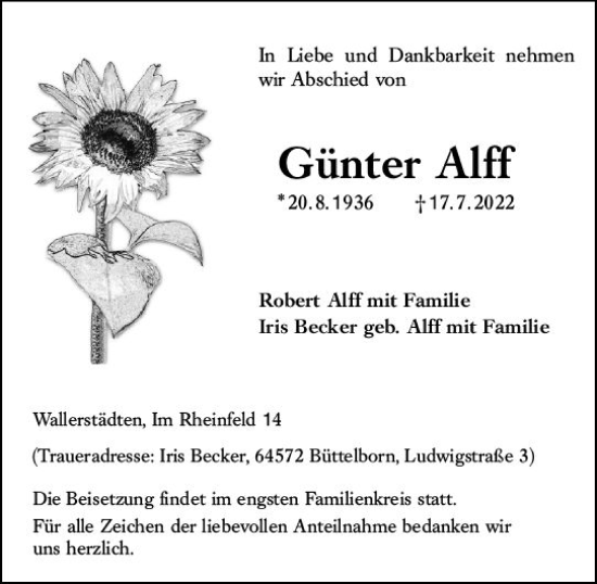Traueranzeige von Günter Alff von vrm-trauer Groß-Gerauer Echo