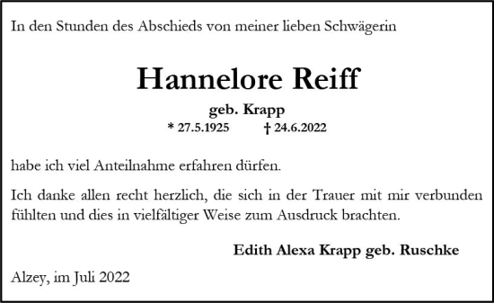 Traueranzeige von Hannelore Reiff von vrm-trauer Allgemeine Zeitung Alzey