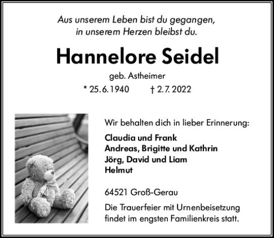 Traueranzeige von Hannelore Seidel von vrm-trauer Groß-Gerauer Echo