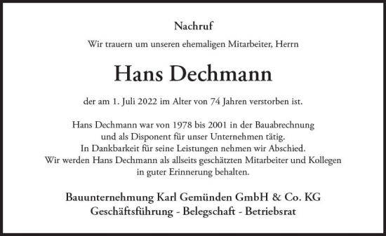 Traueranzeige von Hans Dechmann von vrm-trauer Allgemeine  Zeitung Ingelheim-Bingen
