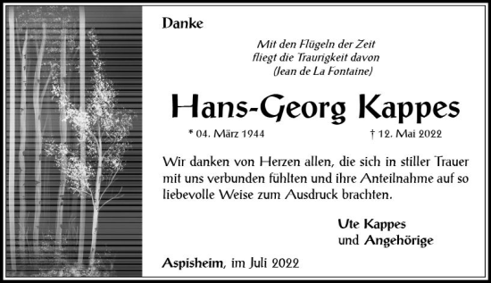 Traueranzeige von Hans-Georg Kappes von vrm-trauer Allgemeine  Zeitung Ingelheim-Bingen