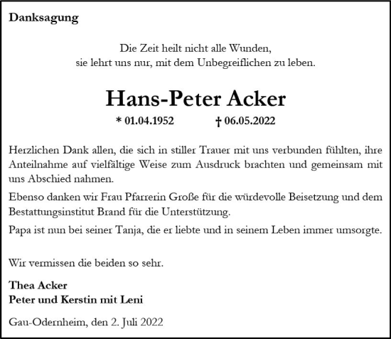 Traueranzeige von Hans-Peter Acker von vrm-trauer Allgemeine Zeitung Alzey
