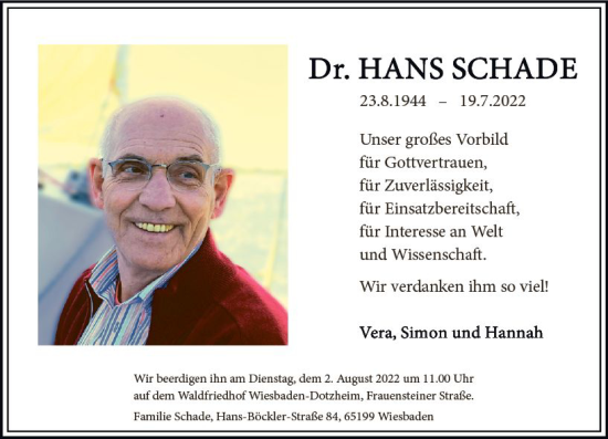 Traueranzeige von Hans Schade von vrm-trauer Wiesbadener Kurier