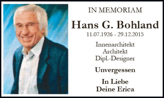 Traueranzeige von Hans G. Bohland von vrm-trauer AZ Mainz