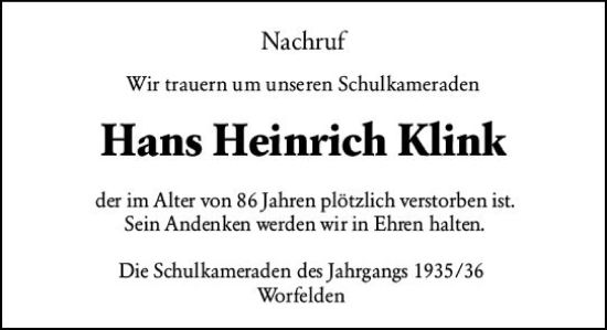 Traueranzeige von Hans Heinrich Klink von vrm-trauer Groß-Gerauer Echo