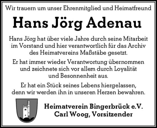 Traueranzeige von Hans Jörg Adenau von vrm-trauer Allgemeine  Zeitung Ingelheim-Bingen