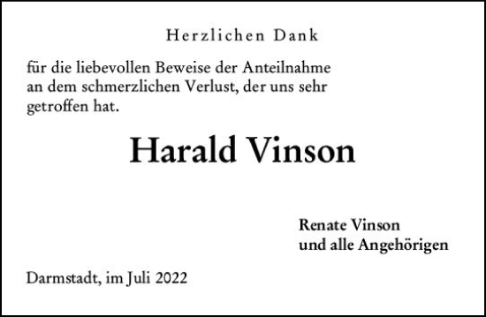 Traueranzeige von Harald Vinson von vrm-trauer Darmstädter Echo
