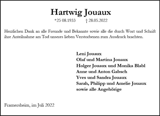 Traueranzeige von Hartwig Jouaux von vrm-trauer Allgemeine Zeitung Alzey