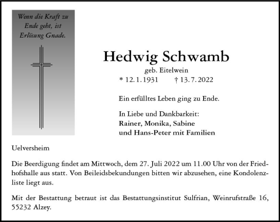 Traueranzeige von Hedwig Schwamb von vrm-trauer Allgemeine Zeitung Alzey